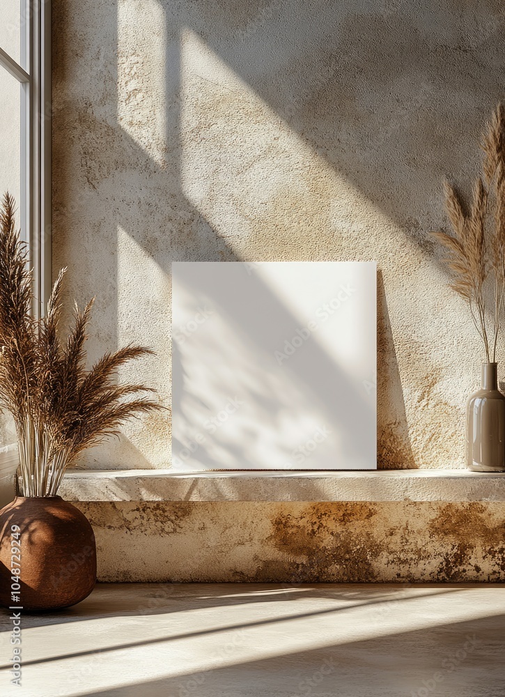 Poster a blank canvas mockup with dried pampas grass in vases on a shelf against a textured wall with sunli