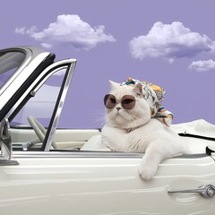 A snow white British Shorthair lounging in a classic convertible car, wearing a stylish headscarf and sunglasses
Purple day