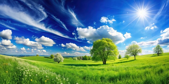 A picturesque landscape of rolling green hills, dotted with trees, under a brilliant blue sky adorned with fluffy white clouds and a sun radiating its golden rays.
