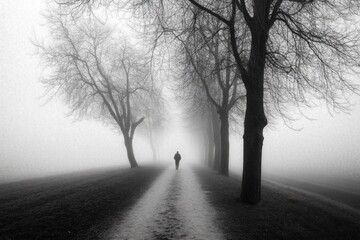 Obraz premium An introverted person enjoying a quiet walk on a foggy morning path lined with trees. The hazy atmosphere enhances the feeling of isolation and serenity.