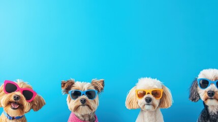 Obraz premium Adorable dogs wearing sunglasses against a bright blue background