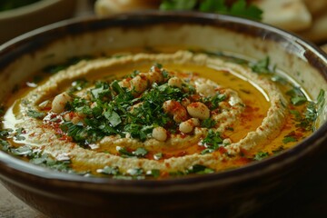 Close-up of Hummus with Herbs, White Beans, and Paprika