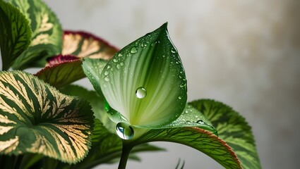 a solitary, glistening drop of water glistens on the delicate petal of a lush, emerald green ornamental plant, surrounded by intricately patterned leaves with subtle hints of gold.