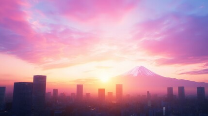 Fototapeta premium Vibrant sunset over a modern city skyline with a majestic mountain in the background