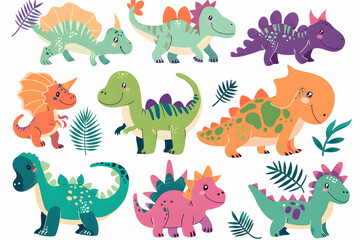 A set of nine cute cartoon dinosaurs with different colors and patterns, isolated on a white background.