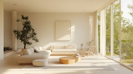 Fototapeta premium A bright living room filled with natural light, light-colored furniture, and minimalistic decor to create an airy and cheerful space.