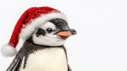 Fototapeta premium Cute Penguin in Christmas Hat on White Background