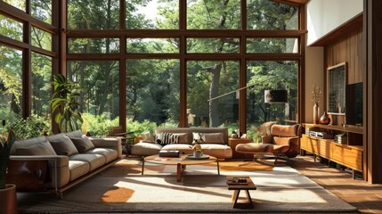 Fototapeta premium Modern Living Room with Large Windows and Forest View
