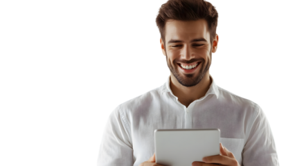 Attractive smiling man working on tablet, isolated on white background