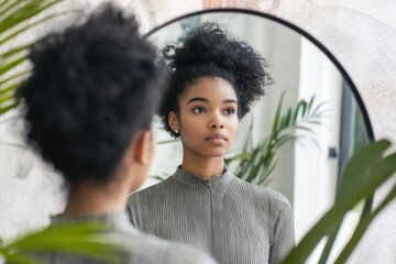 A person standing in front of a mirror, practicing correct standing posture with shoulders back and chin level, emphasizing body awareness.