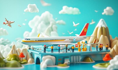 Airplane at airport with miniature people.
