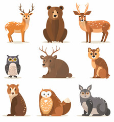 A set of nine colorful cartoon woodland animals including a deer, owl, bear, fox, and rabbit.