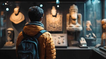 A person visiting a museum, carefully observing artifacts, reflecting curiosity and a desire to learn about history and culture.