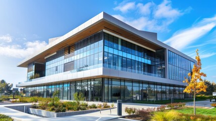 Fototapeta premium Modern Glass Office Building with Landscaping