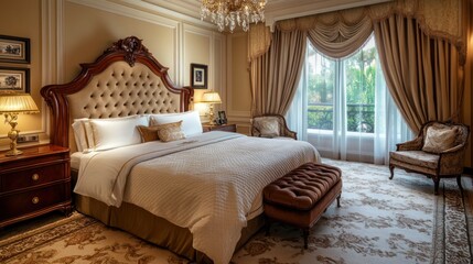 Fototapeta premium A luxury bedroom with high-end furniture, plush bedding, and elegant decor, offering an opulent and sophisticated retreat.