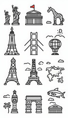 A set of 12 black and white line icons representing famous landmarks around the world.