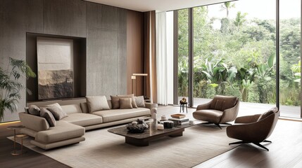 Fototapeta premium A modern living room with sleek furniture, neutral tones, and a contemporary design that exudes sophistication and comfort.