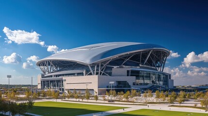 A modern stadium with clean lines, open spaces, and state-of-the-art seating, showcasing contemporary sports architecture.
