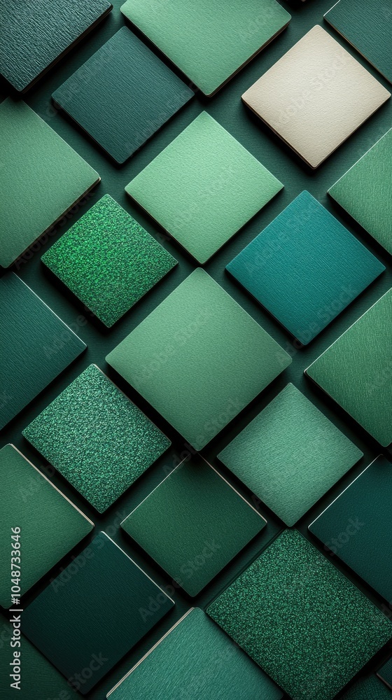 Poster a geometric pattern of green and teal squares arranged in a diamond pattern.