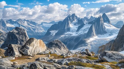 Obraz premium Majestic Mountain Range with Glacier and Rocky Foreground