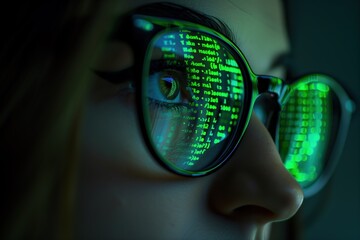 Close-up of a hacker or programmer's glasses reflecting computer code, symbolizing cybersecurity,...