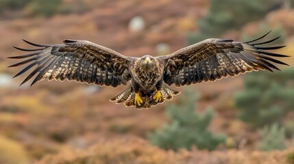 Fototapeta premium A majestic eagle with its wings spread wide, soaring high above a picturesque landscape.