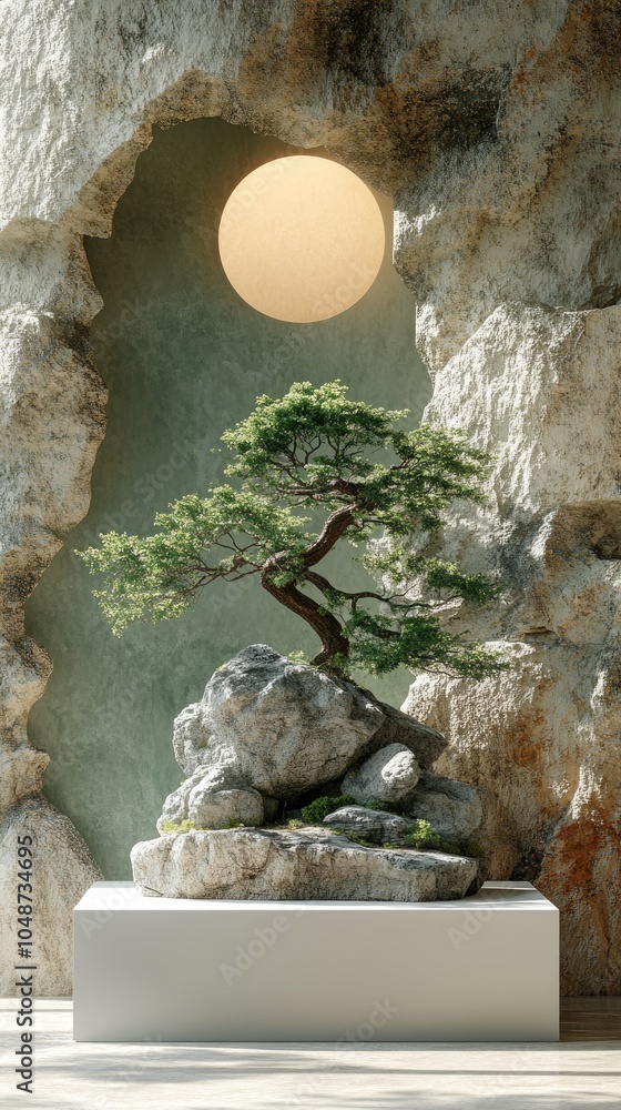 Poster a miniature bonsai tree grows on a rock with a soft light behind it.