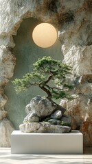 Obraz premium A miniature bonsai tree grows on a rock with a soft light behind it.
