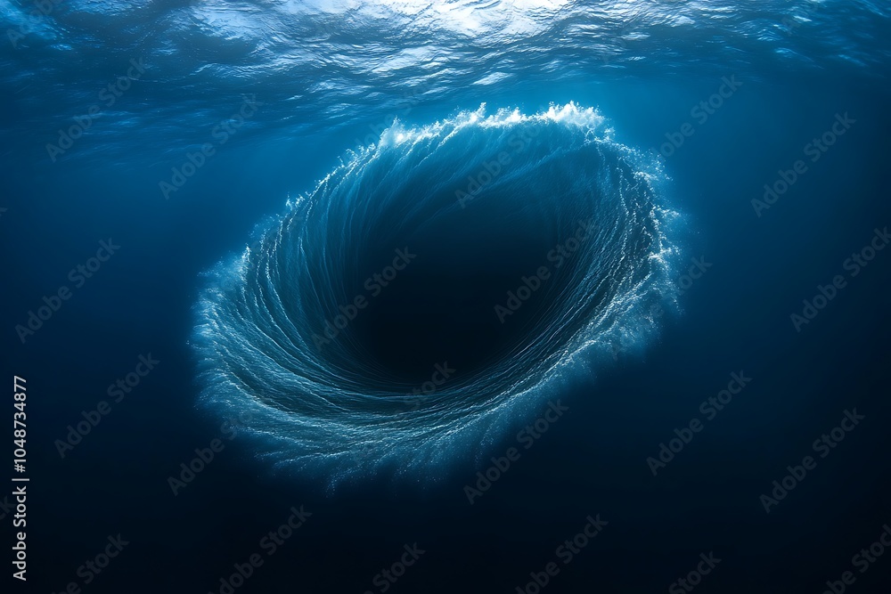 Poster a mesmerizing underwater whirlpool creating a captivating visual effect in deep blue water.