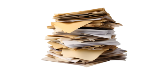 Stack of papers and files on transparent background png isolated on white background