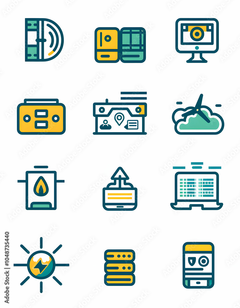 Poster a set of nine colorful icons representing various aspects of technology and data.