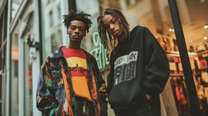 Fototapeta premium A trendy streetwear store with an urban vibe, featuring bold prints, oversized fits, and a youthful, energetic atmosphere.