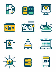 A set of nine colorful icons representing various aspects of technology and data.