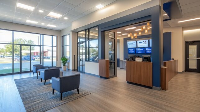Bank branch design, incorporating a modern and friendly layout for customers, with clear signage and a welcoming entrance.
