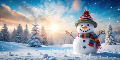 Obraz premium A cheerful snowman stands in a snowy landscape, adorned with a colorful scarf and a whimsical hat, as the sun sets over a distant forest of snow-covered evergreen trees.