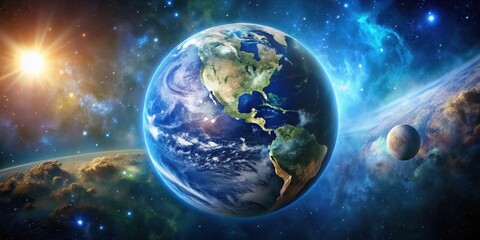 Obraz premium A Stunning Cosmic View of Earth with a Glowing Sun and a Distant Moon in a Starry Galaxy