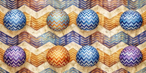 Naklejka premium Vibrant Whimsical Herringbone Pattern Illustration Featuring Spheres Surrounded by Mystical Mists