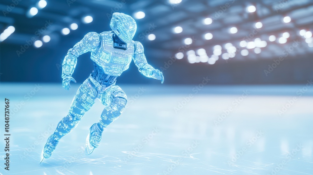 Poster Futuristic cyborg running on ice with glowing circuit patterns
