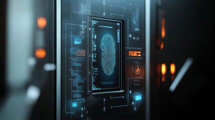 Fototapeta premium Biometric lock system with a 3D interface and fingerprint sensor, for a futuristic approach to smart security.