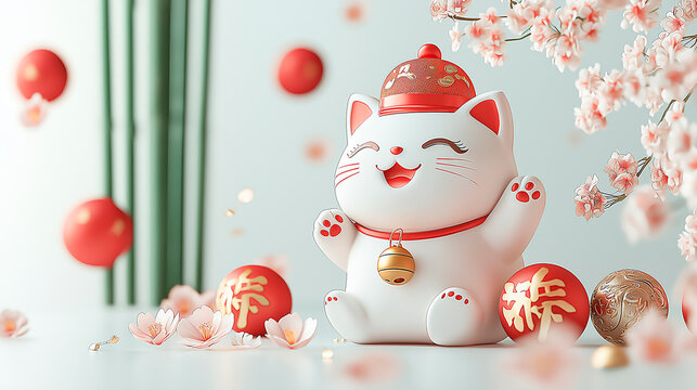 Cute Maneki Neko, Japanese lucky cat on table with gifts, happy new year. Feng Shui, fortune, folklore symbol cartoon vector illustration