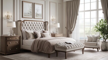 Fototapeta premium Classic bedroom design featuring elegant, timeless furniture, soft colors, and traditional patterns for a refined look.