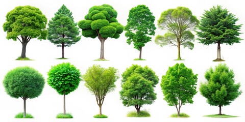 Fototapeta premium A collection of twelve lush green trees isolated against a pristine white background, showcasing a variety of shapes, sizes, and textures.