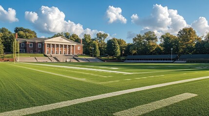 Fototapeta premium College stadium with classic architecture, prominent school colors, and a well-maintained field, evoking campus pride.