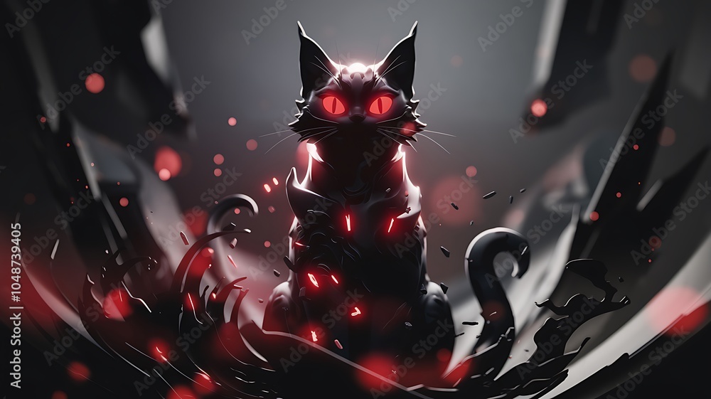 Poster a render of a powerful cat silhouette with a glowing aura surrounded by ethereal elements in a dark 