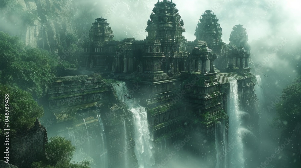 Aufkleber an ancient temple hidden deep in the jungle, with a waterfall cascading nearby and mist creating an 