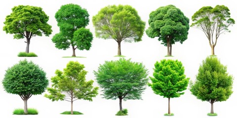 A collection of ten isolated trees with green foliage, showcasing various shapes and sizes on a pure white background.