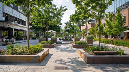 A  well-maintained walkway lined with planters and buildings