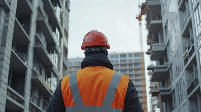 Construction engineer at a residential site, assessing the progress of the development, monitoring the quality and safety of construction.