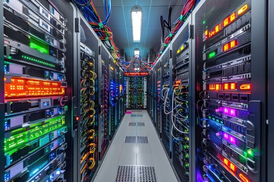 An array of 5G network equipment in a server room, featuring organized racks, glowing indicators, and high-speed data cables for efficient connectivity. 