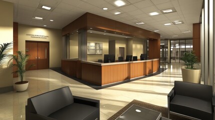 Corporate bank design emphasizing professionalism, efficient layout, and brand-specific design elements in a financial institution.